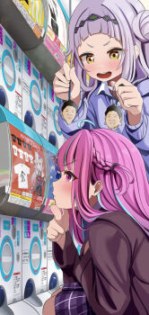 Rule 34 | 2girls, ahoge, alternate costume, arched bangs, blue cardigan, blue hair, blunt bangs, blush, braid, brown cardigan, cardigan, closed mouth, commentary, gashapon, grey hair, hair bun, hairband, hand on own chin, highres, holding, hololive, long hair, long sleeves, looking at another, minato aqua, minato aqua (school uniform), multicolored hair, multiple girls, murasaki shion, nakiri ayame, open mouth, pink hair, plaid clothes, plaid skirt, purple eyes, purple hair, purple skirt, school uniform, shirt, short eyebrows, skirt, smile, squatting, streaked hair, suzuushi, teeth, two side up, upper teeth only, v-shaped eyebrows, virtual youtuber, white shirt, yagoo, yellow eyes