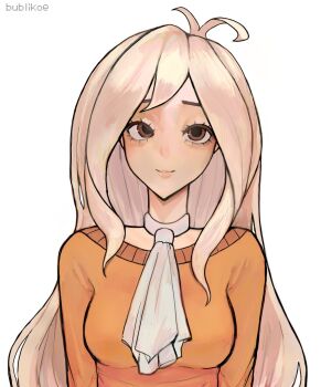 1girl antenna_hair arms_at_sides artist_name ascot blonde_hair breasts bublikoe close-up closed_mouth coco_schoppenboer eyelashes hair_over_shoulder hashtag-only_commentary highres light_smile long_hair looking_at_viewer making-of_available medium_breasts ongezellig orange_sweater portrait raised_eyebrows simple_background smile solo straight-on sweater upturned_eyes very_long_hair wavy_hair white_ascot white_background