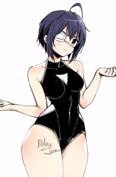 1girl ahoge alternate_costume bare_shoulders black_hair black_leotard blue_eyes breasts chuunibyou_demo_koi_ga_shitai! cleavage cleavage_cutout clothing_cutout collarbone commentary cowboy_shot eyepatch hands_up highres hip_vent leotard looking_at_viewer medical_eyepatch medium_breasts pout relaxjon short_hair signature simple_background solo takanashi_rikka thighs white_background