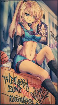 1girl 2021 absurdres animal_ears arm_up basketball_hoop basketball_uniform blonde_hair blue_eyes breasts english_text eyelashes furry highres lola_bunny long_hair looking_at_viewer looney_tunes navel non-web_source open_mouth panties ponytail rabbit rabbit_ears scarf shirt short_tail shorts sitting solo space_jam space_jam:_a_new_legacy sportswear tail tank_top tweenstrip underwear warner_bros.