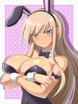 1girl ahoge animal_ears arms_under_breasts bare_shoulders black_bow black_bowtie black_leotard blonde_hair blue_eyes bow bowtie breasts cleavage closed_mouth commentary_request crossed_arms detached_collar fake_animal_ears ghost_rea hanna-justina_marseille huge_breasts leotard long_hair looking_at_viewer playboy_bunny rabbit_ears solo strike_witches very_long_hair witches_of_africa world_witches_series wrist_cuffs