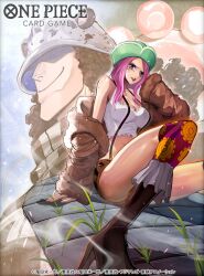 Rule 34 | 1boy, 1girl, anti-eyebrow piercing, bartholomew kuma, boots, coat, commentary request, copyright name, crop top, crying, fur coat, hat, high heels, highres, jewelry bonney, long hair, looking ahead, official art, one piece, one piece card game, pink hair, purple eyes, rainbow, ryudaman, sitting, smile, suspenders, tears, thighhighs