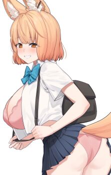 1girl absurdres alpha_transparency animal_ear_fluff animal_ears aningay ass backpack bag black_skirt blonde_hair blue_bow blue_bowtie bow bowtie bra breasts brown_eyes collared_shirt commentary_request copyright_request highres korean_commentary large_breasts looking_at_viewer open_clothes open_shirt panties pink_bra pink_panties pleated_skirt school_uniform shirt short_hair simple_background skirt solo tail transparent_background underwear virtual_youtuber white_shirt