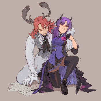 1boy 1girl arknights arm_around_shoulder black_gloves black_thighhighs blood blood_from_mouth blood_on_clothes closed_eyes commentary_request czerny_(arknights) full_body glasses gloves grey_background grey_vest heavy hibiscus_(arknights) hibiscus_the_purifier_(arknights) highres horns injury kneeling long_hair long_sleeves mole mole_under_mouth noshima on_one_knee panties pantyshot paper pointy_ears purple_hair red_hair simple_background struggling thighhighs underwear vest white_gloves yellow_eyes