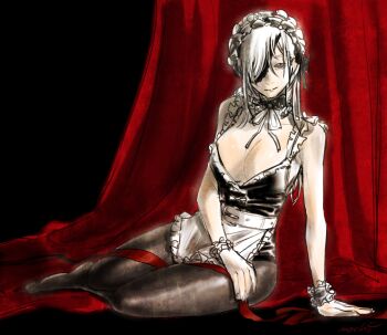 1girl arm_support belt black_pantyhose bracelet breasts chainsaw_man cleavage commentary curtains english_commentary eyepatch full_body highres jewelry large_breasts light_smile long_hair machipachi1901 maid maid_headdress pantyhose quanxi_(chainsaw_man) sketch solo white_hair yellow_eyes