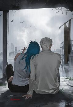 1boy 1girl akao_rion bird black_pants blue_hair chanoo_artz character_request cigarette cityscape cloud cloudy_sky commentary couple english_commentary from_behind grey_sky head_on_another's_shoulder hetero highres holding holding_cigarette holding_lighter knee_up lighter long_hair on_ground pants rain sakamoto_days shirt short_hair sitting sky sleeveless sleeveless_shirt too_many too_many_birds twitter_username upper_body uzuki_kei uzurion white_hair white_shirt