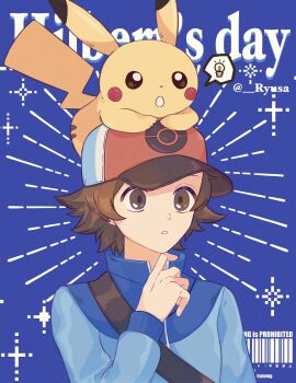 Rule 34 | 1boy, absurdres, blue background, blue jacket, brown eyes, brown hair, gen 1 pokemon, hand up, hat, highres, hilbert (pokemon), jacket, light bulb, long sleeves, male focus, nintendo, on head, pikachu, pokemon, pokemon (creature), pokemon bw, pokemon on head, ryusa (gjgd7445), short hair, sparkle, spoken light bulb, strap, twitter username