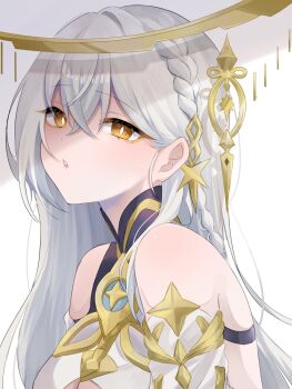 1girl bare_shoulders braid bright_pupils crossed_bangs detached_sleeves dress genshin_impact hair_between_eyes halo hashtag-only_commentary highres istaroth_(genshin_impact) long_hair looking_at_viewer parted_lips setonogiwa solo star_(symbol) upper_body white_background white_dress white_hair white_pupils yellow_eyes