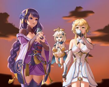 3girls absurdres bare_shoulders blonde_hair blue_eyes blunt_bangs blurry blurry_background braid breasts bridal_gauntlets cleavage cloud cloudy_sky collarbone commentary dango_milk_(genshin_impact) dress drinking english_commentary evening fan_hair_ornament floating flower_ornament genshin_impact glowing gradient_sky hair_between_eyes hair_ornament halo hanho happy headpiece highres holding japanese_clothes kimono large_breasts long_braid long_hair looking_down looking_to_the_side looking_up lumine_(genshin_impact) mitsudomoe_(shape) mole mole_under_eye multicolored_hair multiple_girls off_shoulder open_mouth orange_sky outdoors paimon_(genshin_impact) purple_eyes purple_hair purple_kimono purple_thighhighs raiden_shogun red_sash sash scarf shade short_hair single_braid sky smile streaked_hair sun sunset thighhighs tomoe_(symbol) warm_colored white_dress white_hair white_scarf yellow_eyes