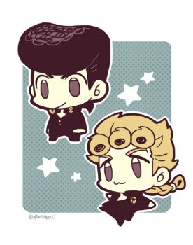 2boys :3 black_hair black_jacket blonde_hair border braid chibi chibi_only closed_mouth full_body giorno_giovanna higashikata_josuke jacket jojo_no_kimyou_na_bouken kotorai long_hair long_sleeves multiple_boys no_nose outline pompadour purple_eyes short_hair sideburns signature star_(symbol) white_border white_outline
