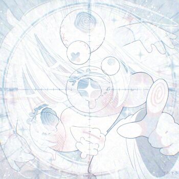 1girl ahoge blush dot_nose eyeball eyelashes fingerprint glasses highres long_hair looking_at_viewer monochrome nose_blush original pointing pointing_at_viewer ringed_eyes round_eyewear solo square thk_41 upper_body white_theme