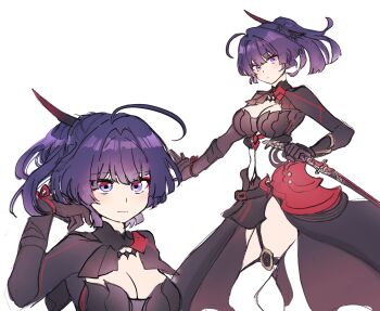 Rule 34 | 1girl, 5rwpvc, absurdres, ahoge, armor, armored dress, breasts, cleavage, cleavage cutout, closed mouth, clothing cutout, dress, highres, holding, holding sword, holding weapon, honkai (series), honkai impact 3rd, katana, large breasts, long hair, looking at viewer, multiple views, ponytail, purple eyes, purple hair, raiden mei, raiden mei (danzai spectramancer), raiden mei (orochi cuirass), simple background, smile, sword, thighhighs, weapon, white background, white thighhighs