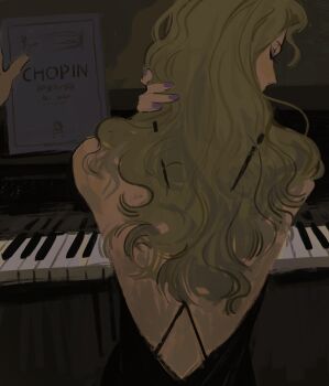 1girl back blonde_hair classicaloid closed_eyes eyelashes eyeshadow franz_liszt_(classicaloid) hand_on_own_neck highres indoors instrument keyboard_(instrument) long_hair looking_back makeup nail_polish octahooves piano purple_eyeshadow purple_nails solo_focus
