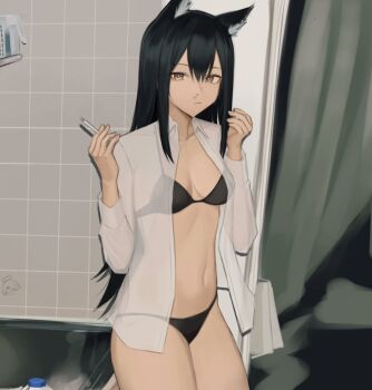 1girl alternate_costume animal_ear_fluff animal_ears arknights bajigurr between_fingers black_bra black_hair black_panties blood bra breasts bright_pupils cigarette closed_mouth collared_shirt cowboy_shot hair_between_eyes hands_up hashtag-only_commentary highres holding holding_cigarette indoors long_hair long_sleeves medium_breasts navel nosebleed open_clothes open_shirt panties see-through_clothes see-through_shirt see-through_sleeves shirt solo standing texas_(arknights) underwear white_pupils white_shirt wolf_ears wolf_girl yellow_eyes