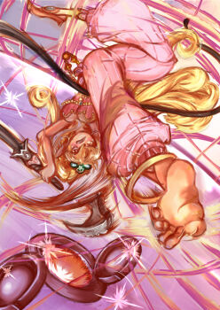 1girl anklet artist_request barefoot blonde_hair breasts capoeira cleavage commentary_request curly_hair female_focus harem_pants holding holding_weapon holding_whip jewelry long_hair medium_breasts motion_lines pants pink_pants pointy_ears pointy_shoes primm_(seiken_densetsu_2) seiken_densetsu seiken_densetsu_2 shoes single_shoe soles solo tiara toes upside-down very_long_hair weapon whip