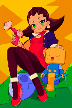 1girl absurdres black_pantyhose blue_jacket blush breasts brooch brown_hair commentary_request cropped_jacket dress earrings energy_gun full_body green_eyes gun highres holding holding_gun holding_weapon jacket jewelry long_hair mecha mega_man_(series) mega_man_legends_(series) pantyhose pink_dress robot servbot_(mega_man) sitting skull_brooch skull_earrings small_breasts tron_bonne_(mega_man) weapon yodok