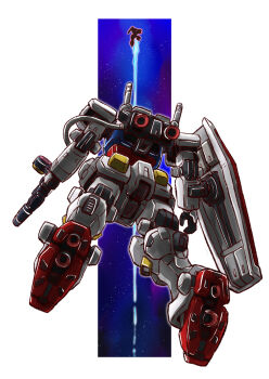 battle beam_rifle cable commentary_request contrail duel earth_federation energy_gun gundam highres mecha mecha_focus mobile_suit mobile_suit_gundam nebula no_humans original redesign robot rx-78-2_gundam scene_reference science_fiction shield space star_(sky) taiga_hiroyuki thrusters v-fin weapon zaku_ii_s_char_custom zeon zero_gravity