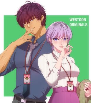 1boy 1girl belt black_belt blue_eyes blue_shirt character_request commentary dark-skinned_male dark_skin earrings english_commentary enjelicious grey_hair hand_up height_difference highres jewelry lanyard love_method necktie pale_skin parted_lips pink_lips pink_nails pink_skirt purple_hair shirt short_hair skirt sweater upper_body white_necktie white_sweater yellow_eyes