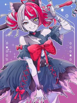 Rule 34 | 1girl, :d, ahoge, arm up, bandaged arm, bandages, black bow, black corset, black dress, black nails, blunt ends, bow, bowtie, chest sarashi, choker, colored skin, commentary, corset, cowboy shot, diamond-shaped pupils, diamond (shape), double bun, dress, english commentary, gradient background, grey skin, grin, hair bow, hair bun, half-closed eyes, heart, heart choker, heterochromia, highres, hololive, hololive indonesia, kureiji ollie, kureiji ollie (1st costume), layered dress, looking at viewer, mismatched pupils, multicolored hair, multicolored skin, object through head, open mouth, outline, patchwork skin, puffy short sleeves, puffy sleeves, red bow, red bowtie, red hair, ribbon, sarashi, short sleeves, skirt, smile, solo, star (symbol), stitched arm, stitched face, stitched leg, stitched torso, stitches, sword in head, symbol-shaped pupils, torn clothes, torn dress, two-tone hair, two-tone skin, udin (kureiji ollie), underbust, virtual youtuber, white hair, white outline, white skirt, wrist ribbon, x-shaped pupils, zaki zaki zaki, zombie