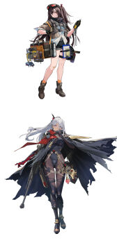 2girls absurdres anti-materiel_rifle bag_charm bandaid bandaid_on_knee bandaid_on_leg black_thighhighs blowtorch bodysuit bolt_action boots braid breasts brown_hair cased_tape_measure charm_(object) chinese_commentary clipboard cloak dinergate_(girls'_frontline) earrings eyebrows_hidden_by_hair full_body girls'_frontline girls'_frontline_2:_exilium gloves gluteal_fold goggles goggles_on_head grey_hair gun hair_between_eyes head_tilt highleg highleg_leotard highres index_finger_raised jacket jewelry large_breasts leotard long_bangs long_hair looking_at_viewer loosely_tucked_bangs mask mayling_shen_(girls'_frontline_2) mole mole_under_eye multiple_earrings multiple_girls multiple_views official_art one_side_up orange_socks pliers ponytail purple_eyes red-tinted_eyewear rifle screwdriver shirt shorts side_braid sig_san_511 simple_background single_sidelock sleeves_rolled_up sniper_rifle socks tachi-e tape_measure thermos thighhighs tinted_eyewear toolbox tools weapon white_background white_shirt yitiao_er-hua