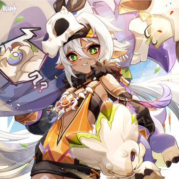 1girl ? ?? absurdres animal animal_skull bandaid bandaid_on_face bandaid_on_nose black_headband black_sports_bra border carrying carrying_over_shoulder chinese_commentary clothing_cutout commentary_request copyright_name cowboy_shot dark-skinned_female dark_skin earrings feathers floating_hair fur_trim genshin_impact gold_earrings green_eyes grey_hair hair_between_eyes hair_ornament hair_tubes headband highres holding holding_animal iansan_(genshin_impact) jewelry leaf light_particles long_hair long_sleeves looking_at_viewer low_twintails multiple_earrings navel necklace outside_border parted_lips pointy_ears shoulder_cutout side_cutout sidelocks skull_hair_ornament smile solo speech_bubble sports_bra standing tatankasaurus_(genshin_impact) twintails v-shaped_eyebrows very_long_hair white_border