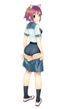 1girl animal_ears ass black_eyes black_one-piece_swimsuit black_socks blue_sailor_collar blue_skirt breasts cat_ears closed_mouth clothes_pull commentary_request from_behind full_body kneehighs koutaro medium_breasts one-piece_swimsuit original red_hair sailor_collar school_swimsuit school_uniform serafuku shoes simple_background skirt skirt_pull socks solo standing swimsuit swimsuit_under_clothes thighs uwabaki white_background white_shoes