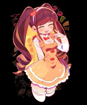 1girl blush bow bowtie breasts brown_hair chibimi closed_eyes commentary_request cropped_legs dress facial_mark genderswap genderswap_(mtf) hairband hand_up highres long_hair long_sleeves open_mouth orange_dress osomatsu-san osomatsu_(series) red_bow red_bowtie shirt small_breasts smile solo twintails usa37107692 whisker_markings white_hairband white_shirt