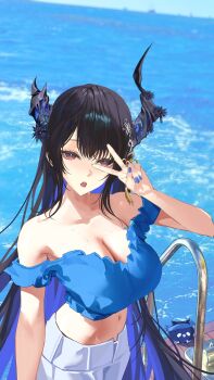 1girl absurdres alternate_costume asymmetrical_horns bare_shoulders black_hair blue_hair blue_nails blue_shirt breasts cleavage colored_inner_hair commentary cropped_shirt day english_commentary flower flower_knot hair_between_eyes hair_ornament highres hololive hololive_english horn_flower horns jailbird_(nerissa_ravencroft) large_breasts long_hair looking_at_viewer midriff multicolored_hair nail_polish navel nerissa_ravencroft off-shoulder_shirt off_shoulder open_mouth outdoors pants purple_eyes shirt short_sleeves sidelocks slit_pupils solo tassel tassel_hair_ornament thekaiyip uneven_horns v v_over_eye very_long_hair virtual_youtuber white_pants