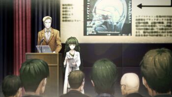 1boy 1girl 6+others alexis_leskinen anatomy bald blonde_hair blunt_bangs brain brown_jacket buttons closed_mouth clothing_request coat collar collarbone collared_shirt computer crowd curtains dress flat_chest from_behind game_cg glasses green_collar green_eyes green_hair green_trim grey_dress grin height_difference highres hiyajou_maho holding holding_pen holding_tablet_pc hood hood_down hoodie huke jacket lab_coat lapels laptop long_hair long_sleeves looking_at_another messy_hair microphone multiple_others nape non-web_source notched_lapels official_art pen rabbit_zipper ringed_eyes science_adventure shirt short_hair smile square_pupils standing steins;gate steins;gate_0 tablet_pc thick_eyebrows very_long_hair very_short_hair white_coat white_shirt