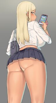 1girl ass ass_focus back bag blonde_hair blue_eyes blue_skirt blurry blush bracelet breasts bursting_ass bursting_breasts butt_crack cellphone cellphone_charm charm_(object) cleavage collar collared_shirt cropped_shirt curvy dark-skinned_female dark_skin depth_of_field ear_piercing earrings eyebrows eyelashes feet_out_of_frame female_focus fingernails from_behind from_below front-tie_shirt front-tie_top ganguro gradient_background grey_background gyaru handplug heart heart_earrings highleg highleg_panties highres holding holding_cellphone holding_phone huge_ass huge_breasts impossible_clothes impossible_shirt impossible_underwear jewelry kogal long_fingernails long_hair looking_at_viewer looking_back makeup micro_panties microskirt midriff nail_polish narrow_waist original out_of_frame panties pantyshot phone piercing pink_nails pleated_skirt revealing_clothes school school_bag school_uniform shiny_skin shirt shoulder_bag sideboob simple_background skirt sleeves_rolled_up smartphone solo sparkle standing straight_hair tan text_messaging thong tied_shirt tight_clothes tight_shirt touch_screen touchscreen undersized_clothes underwear upskirt white_collar white_shirt yellow_panties