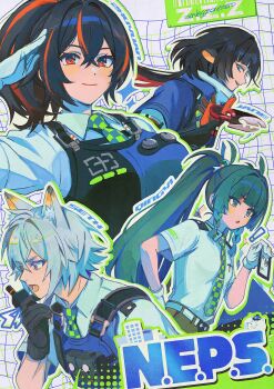 1boy 3girls adapted_costume animal_ears black_hair breasts bulletproof_vest cat_boy cat_ears character_name checkered_necktie green_eyes grey_hair highres holding holding_walkie-talkie jane_doe_(zenless_zone_zero) large_breasts mouse_ears multicolored_hair multiple_girls necktie police police_uniform policeman policewoman ponytail qingyi_(zenless_zone_zero) qniokun red_eyes red_hair seth_lowell shirt short_hair smile streaked_hair twintails walkie-talkie white_shirt zenless_zone_zero zhu_yuan