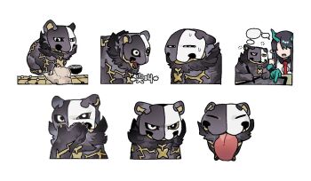 Rule 34 | 1boy, 1girl, animal, arknights, black hair, cat, commentary request, cooking, dragon bean (arknights), dragon boy, dragon girl, dragon horns, drawing tablet, dusk (arknights), erober, holding, horns, mask, multiple views, necktie, nervous sweating, open mouth, red necktie, simple background, stylus, sweat, tongue, tongue out, translation request, wang (arknights), white background