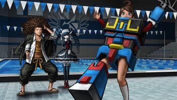 2girls asahina_aoi bandaid bandaid_on_leg black_hair blue_eyes bonnet brown_hair celestia_ludenberg commentary danganronpa:_trigger_happy_havoc danganronpa_(series) dress drill_hair english_commentary facial_hair frown game_cg gothic_lolita hagakure_yasuhiro hair_ornament hairclip jacket jacket_on_shoulders justice_robo komatsuzaki_rui lane_line lolita_fashion multiple_girls official_art pale_skin pennant pool red_eyes robot_costume sandals third-party_source twin_drills twintails