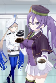 Rule 34 | 1boy, 1girl, absurdres, aiguillette, atlas academy uniform, belt, beret, black shorts, blue hair, blue pantyhose, blush, breasts, brown hair, capelet, captain nemo (fate), captain nemo (first ascension) (fate), coffee, coffee pot, collared shirt, commentary, cup, english commentary, fate/grand order, fate (series), glasses, gradient hair, green eyes, green necktie, grin, hat, hat feather, highres, jacket, long hair, long sleeves, looking at viewer, medium breasts, meimone, mug, multicolored hair, necktie, nemo (fate), one eye closed, pantyhose, pleated skirt, purple capelet, purple eyes, purple hair, purple hat, purple thighhighs, purple vest, shirt, shorts, sion eltnam (type-moon), sion eltnam sokaris, skirt, smile, tassel, thighhighs, thighs, turban, twintails, two-tone hair, vest, white hat, white jacket, white shirt, white skirt
