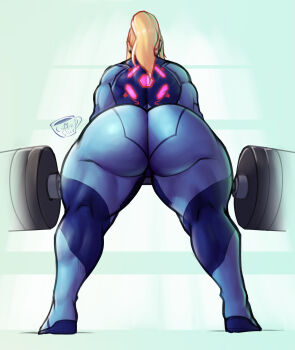 1girl absurdres alternate_ass_size alternate_breast_size_(larger) alternate_muscle_size ass barbell blonde_hair blue_bodysuit bodysuit breasts coffeeslice deadlift exercising from_behind full_body highres huge_ass huge_breasts metroid muscular muscular_arms muscular_back muscular_female muscular_legs nintendo ponytail samus_aran skin_tight solo thick_thighs thighs wide_sleeves zero_suit