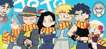 3girls 5boys aqua_eyes bandana battle_tendency belt black_hair black_jacket blonde_hair blue_eyes bow bowtie caesar_anthonio_zeppeli cane crossed_arms dio_brando erina_pendleton facial_mark facial_scar fingerless_gloves gloves green_eyes headband jacket jojo_no_kimyou_na_bouken jonathan_joestar joseph_joestar joseph_joestar_(young) lisa_lisa midriff multiple_boys multiple_girls navel old old_man old_woman phantom_blood red_bow red_bowtie robert_e._o._speedwagon scar scar_on_cheek scar_on_face scarf striped_clothes striped_scarf suzi_q traditional_bowtie tsunoji white_bandana