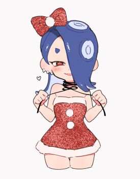 1girl alternate_costume blue_hair blush bow cephalopod_eyes christmas commentary cropped_legs dress earrings eyelashes hair_bow hair_over_one_eye heart highres holding holding_string jewelry koyubisss long_hair multiple_earrings nintendo octoling open_mouth red_bow red_dress red_eyes red_pupils shiver_(splatoon) short_dress short_eyebrows simple_background smile solo splatoon_(series) splatoon_3 standing string tentacle_hair thick_eyebrows tooth_earrings white_background
