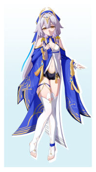 1girl absurdres black_shorts blue_veil breasts dress full_body grey_hair hair_intakes highres long_hair midriff navel serapeum_(honkai_impact) short_shorts shorts simple_background small_breasts stirrup_legwear toeless_legwear toes two-tone_dress veil very_long_hair white_background wuling_yl yellow_eyes