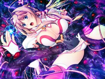 1girl angel_tear antenna_hair blue_eyes blush breasts brown_hair chest_jewel cleavage game_cg imminent_rape large_breasts large_variant_set long_hair magical_girl maishima_yuri monster nerawareta_megami_tenshi_angel_tear non-web_source official_art open_mouth panties restrained slime_(substance) solo spread_legs tentacles thighhighs torn_clothes tsukumo_kazuita underwear variant_set white_panties