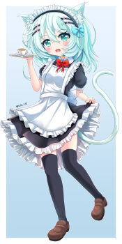 1girl animal_ears apron black_dress black_thighhighs blue_background blue_eyes blue_hair blush breasts brown_shoes cat_ears cat_girl cat_tail commentary_request cup dress fang highres maid maid_headdress open_mouth original puffy_short_sleeves puffy_sleeves shoes short_sleeves sills simple_background small_breasts solo tail teacup thighhighs white_apron