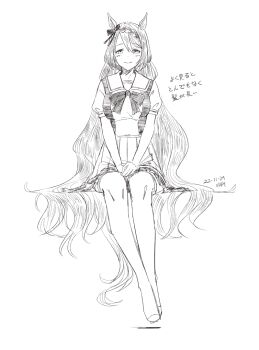 1girl animal_ears blush bow bowtie braid braided_bangs closed_mouth commentary_request dated ear_bow faux_traditional_media foot_dangle full_body greyscale hair_flowing_over hands_on_lap horse_ears horse_girl horse_tail kawashina_(momen_silicon) legs_together long_hair looking_at_viewer medium_skirt monochrome no_shoes pleated_skirt puffy_short_sleeves puffy_sleeves sailor_collar school_uniform serafuku short_sleeves signature simple_background sitting sketch skirt smile solo straight-on summer super_creek_(umamusume) swept_bangs tail tareme thighhighs tracen_school_uniform translation_request umamusume very_long_hair white_background