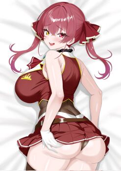 1girl ascot ass bare_shoulders blush breasts clothes_lift commentary_request gloves hair_ribbon heterochromia highres hololive hololive_fantasy houshou_marine jacket large_breasts leotard leotard_under_clothes looking_at_viewer looking_back lying miniskirt no_eyepatch on_bed philip98267134 pleated_skirt red_ascot red_eyes red_hair red_jacket red_ribbon red_skirt ribbon see-through_clothes see-through_leotard skirt skirt_lift sleeveless sleeveless_jacket smile solo twintails virtual_youtuber white_gloves yellow_eyes