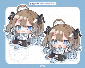 +_+ 1girl :3 :d ahoge aone_nao black_bow black_skirt blue_border blue_eyes blue_hair blue_shirt blue_shoes blush_stickers border bow brown_hair character_name chibi chibi_only closed_mouth commentary_request cross cross_earrings drop_shadow earrings egissi fang frilled_skirt frills full_body hair_bow hair_ornament indie_virtual_youtuber jewelry long_hair long_sleeves looking_at_viewer open_mouth outline outside_border polka_dot polka_dot_background sample_watermark shirt shoes skirt smile twitter_username two_side_up virtual_youtuber watermark watermark_grid white_background white_outline x_hair_ornament