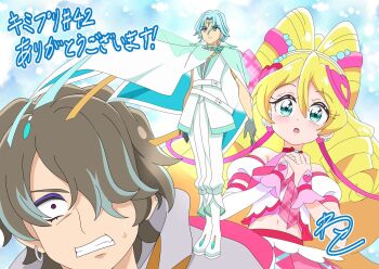 1girl 2boys arm_cuffs artist_logo bare_arms bare_shoulders belt blonde_hair boots brooch bubble_skirt cloak close-up cure_connect cure_idol curled_horns dress earrings eyeshadow feathered_wings feathers floating forehead_jewel full_body gingham gingham_dress gloves gradient_hair green_cloak green_eyes green_hair hair_ornament hair_over_eyes hair_ribbon half_gloves headband heart heart_earrings heart_hair_ornament hibiki_kaito highres hood hooded_cloak hoop_earrings horns jewelry jogi_(precure) kazuma_(precure) kimi_to_idol_precure logo long_hair low-tied_long_hair makeup mature_male metal_arm_cuffs midriff midriff_peek multicolored_hair multiple_boys multiple_earrings parted_bangs pink_dress precure puffy_dress puffy_sleeves ribbon sakura_uta_(precure) see-through_scarf signature skirt sleeveless sweat sweatdrop very_long_hair wato_(wato_0913) wind wings zooming_in