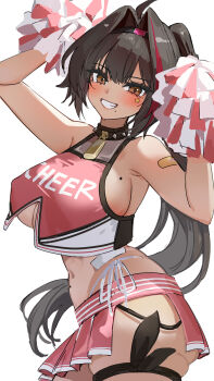 1girl absurdres bandaid bare_shoulders bay_(nikke) blush breasts brown_eyes brown_hair crop_top dark-skinned_female dark_skin goddess_of_victory:_nikke grin hair_intakes hairband high_ponytail highres holding holding_pom_poms large_breasts long_hair looking_at_viewer marumai miniskirt mole multicolored_hair navel pom_pom_(cheerleading) pom_poms ponytail red_skirt red_streaks red_tank_top skirt smile solo streaked_hair tank_top two-tone_tank_top white_tank_top