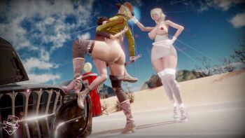 1boy 2girls 3d ass bikini bikini_top_only black_legwear blonde_hair boots bottomless breasts car cidney_aurum dress final_fantasy final_fantasy_xv hat high_heel_boots high_heels holding holding_wrench jacket knee_boots leg_up lunafreya_nox_fleuret motor_vehicle multiple_girls outdoors sex short_hair shota swimsuit thighhighs white_legwear wrench zipling