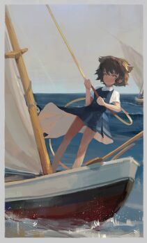 Rule 34 | 1girl, absurdres, animal ears, blue dress, boat, border, brown hair, commentary, dress, english commentary, extra ears, highres, light smile, mast, oar, ocean, original, outdoors, polilla, red eyes, rigging, sailboat, sailing, sea spray, shirt, short hair, water, watercraft, white border, white shirt