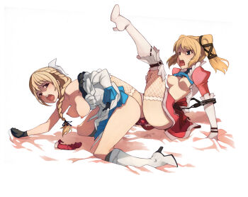 2girls blonde_hair blue_eyes blush boots braid breasts caee_penguin claire_(granado_espada) clothes_lift dildo double_dildo double_insertion elbow_gloves fishnet_legwear fishnets gloves granado_espada highres large_breasts medium_breasts multiple_girls nipples open_clothes open_mouth open_shirt sex_toy shared_object_insertion shirt shirt_lift thigh_boots thighhighs tongue tongue_out valeria_(granado_espada) yuri