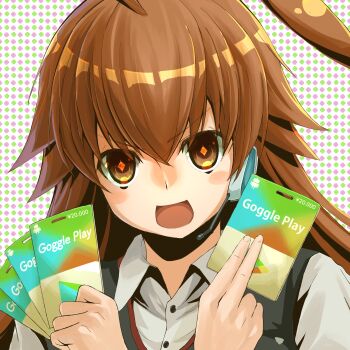 Rule 34 | + +, 1girl, absurdres, ahoge, black vest, blush stickers, brown eyes, brown hair, card, close-up, duel masters, duel masters play's, gift card, google play, headset, highres, holding, holding card, huge ahoge, kokko rupiko, long hair, looking at viewer, open mouth, pompomblink, shirt, solo, upper body, vest, white shirt