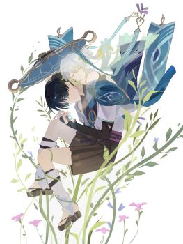 1boy 1girl anemo_symbol_(genshin_impact) apparition armor barefoot belt black_belt black_bodysuit black_bridal_gauntlets black_footwear black_hair black_leggings black_shorts blue_cape blue_gemstone blue_hat blue_kimono blue_sleeves bodysuit bridal_gauntlets cape closed_eyes closed_mouth detached_sleeves dress eyelashes flower from_side gem genshin_impact gold gradient_hair green_cape green_hair green_sleeves hair_between_eyes hair_ornament hakama hakama_shorts han'eri hat head_down headpat highres holding hug hug_from_behind japanese_armor japanese_clothes jingasa kimono kote kurokote layered_kimono layered_sleeves leaf leaf_hair_ornament leg_warmers leggings light_smile looking_at_object looking_down multicolored_hair nahida_(genshin_impact) open_clothes open_kimono pink_flower plant pleated_shorts purple_eyes purple_rope purple_sash rise_06160 rope sandals sash scaramouche_(genshin_impact) semi-transparent short_sleeves shorts side_ponytail sidelocks stirrup_legwear toeless_footwear toeless_legwear toes unworn_hat unworn_headwear vines vision_(genshin_impact) wanderer_(genshin_impact) white_background white_dress white_hair white_kimono white_leg_warmers white_sleeves white_trim zouri